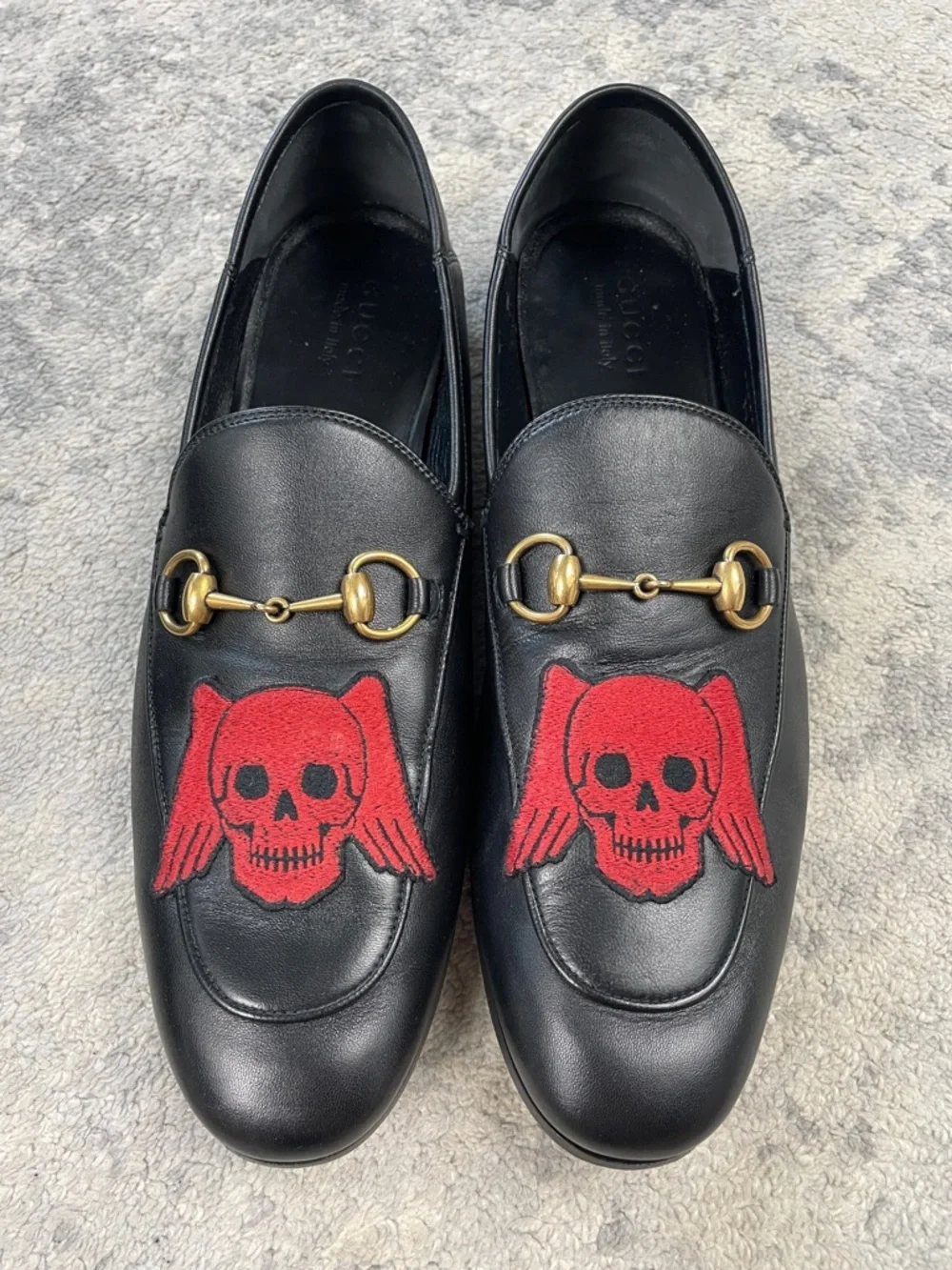 Gucci Black Leather Agnello Plonge Skull Wings Brixton Horsebit Loafers 11.5